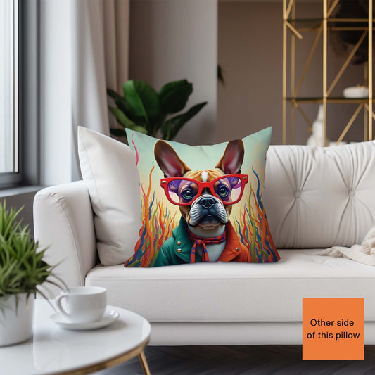 Decorative pillow with a dog wearing glasses on a white couch in a living room setting.