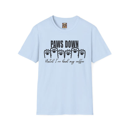 Funny Coffee Lover T-Shirt - 'Paws Down Until I've Had My Coffee' Light Blue