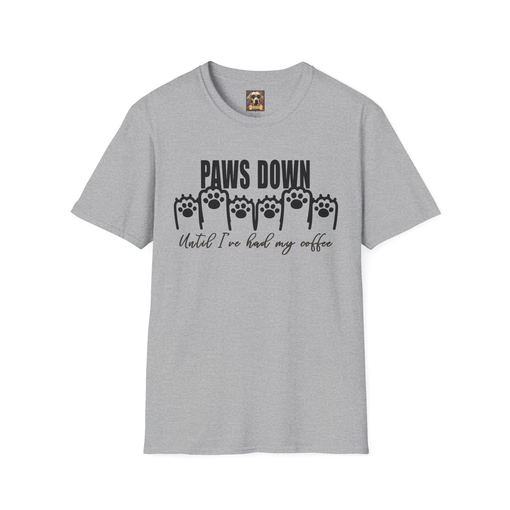 Funny Coffee Lover T-Shirt - 'Paws Down Until I've Had My Coffee' Sport Grey