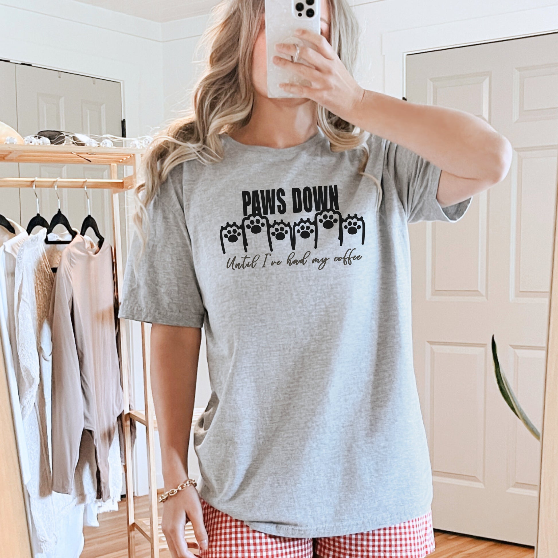 Funny Coffee Lover T-Shirt - 'Paws Down Until I've Had My Coffee' Context Sport Grey
