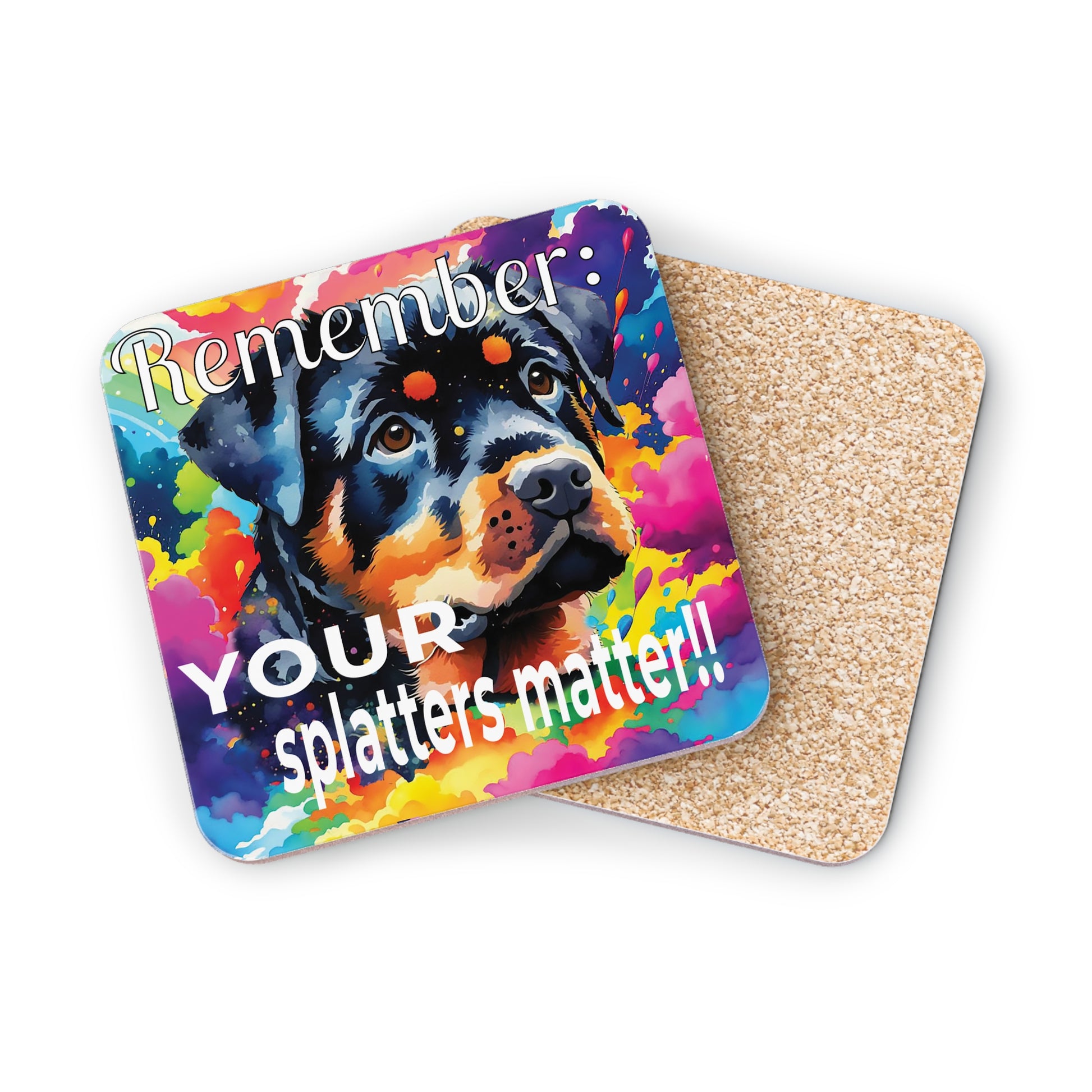 Colorful coaster with a dog illustration and text .Reverse side of coaster showing the cork backing on a white background