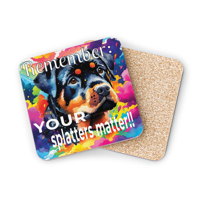 Colorful coaster with a dog illustration and text .Reverse side of coaster showing the cork backing on a white background