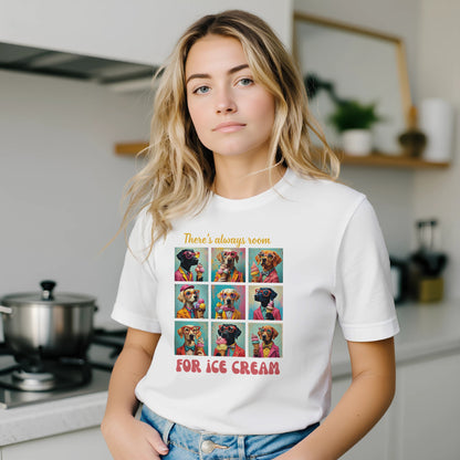 Woman wearing a white t-shirt with a colorful graphic and text  in a kitchen.