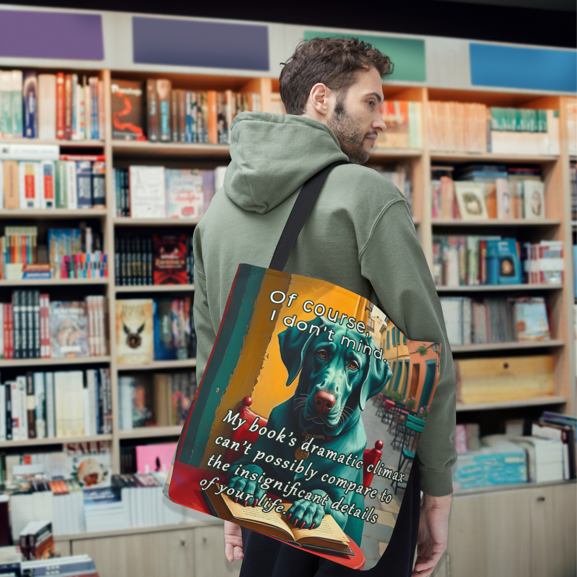 Funny Sarcastic Canvas Book Bag  Bold Colors  Bookish Meme with Dog context 18 inch large