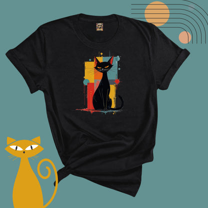 Black t-shirt with a colorful Mid-century Modern Atomic cat graphic on a teal background