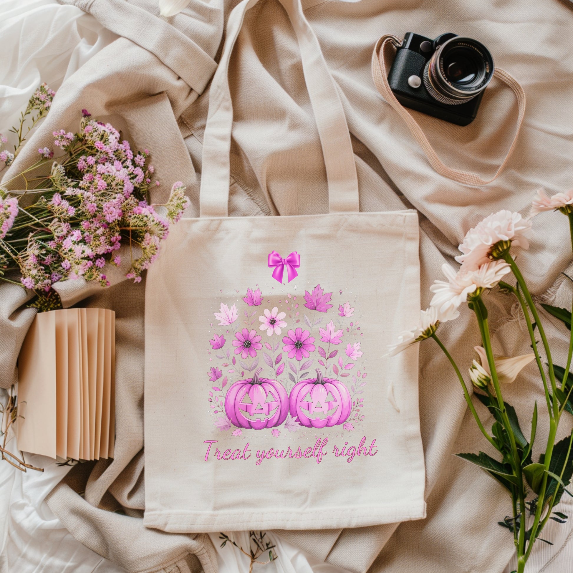 Beige tote bag with pink pumpkins and flowers design, surrounded by flowers and a camera on a light fabric background.