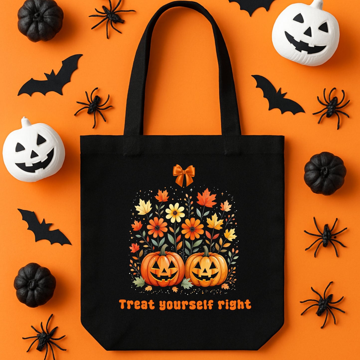 Black tote bag with Halloween design on an orange background with pumpkins, bats, and spiders.