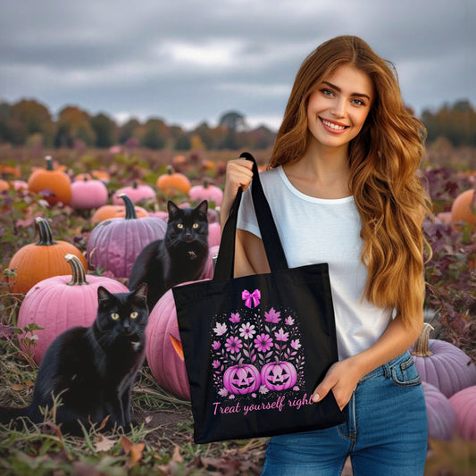 Woman holding a black tote bag with Pink Halloween design in a pumpkin field with black cats.