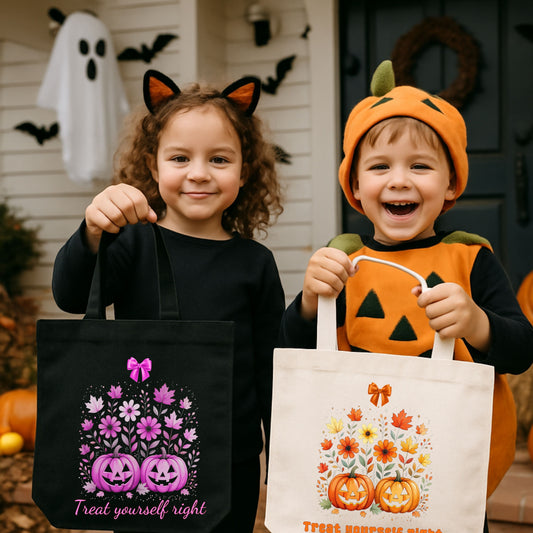 Two children in Halloween costumes holding decorated trick or treat bags with bows, pumpkins and flowers.
