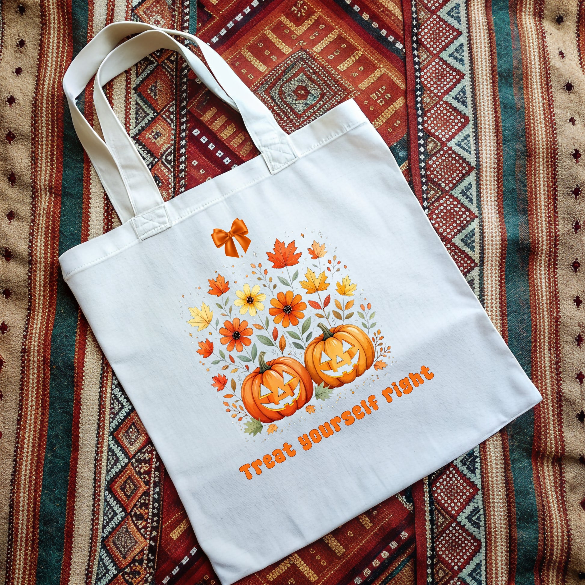 White tote bag with vintage orange Jack 'o Lantern pumpkins and flowers design on a patterned fabric background