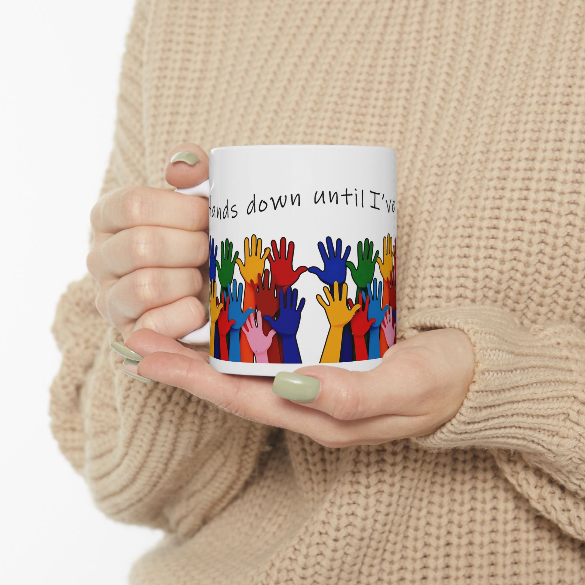 Hands Down the Best Gift for a Teacher, Ceramic Mug with Crayon Colors - handle on left side