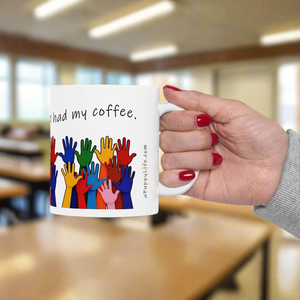Hands Down the Best Gift for a Teacher, Ceramic Mug with Crayon Colors - handle on right