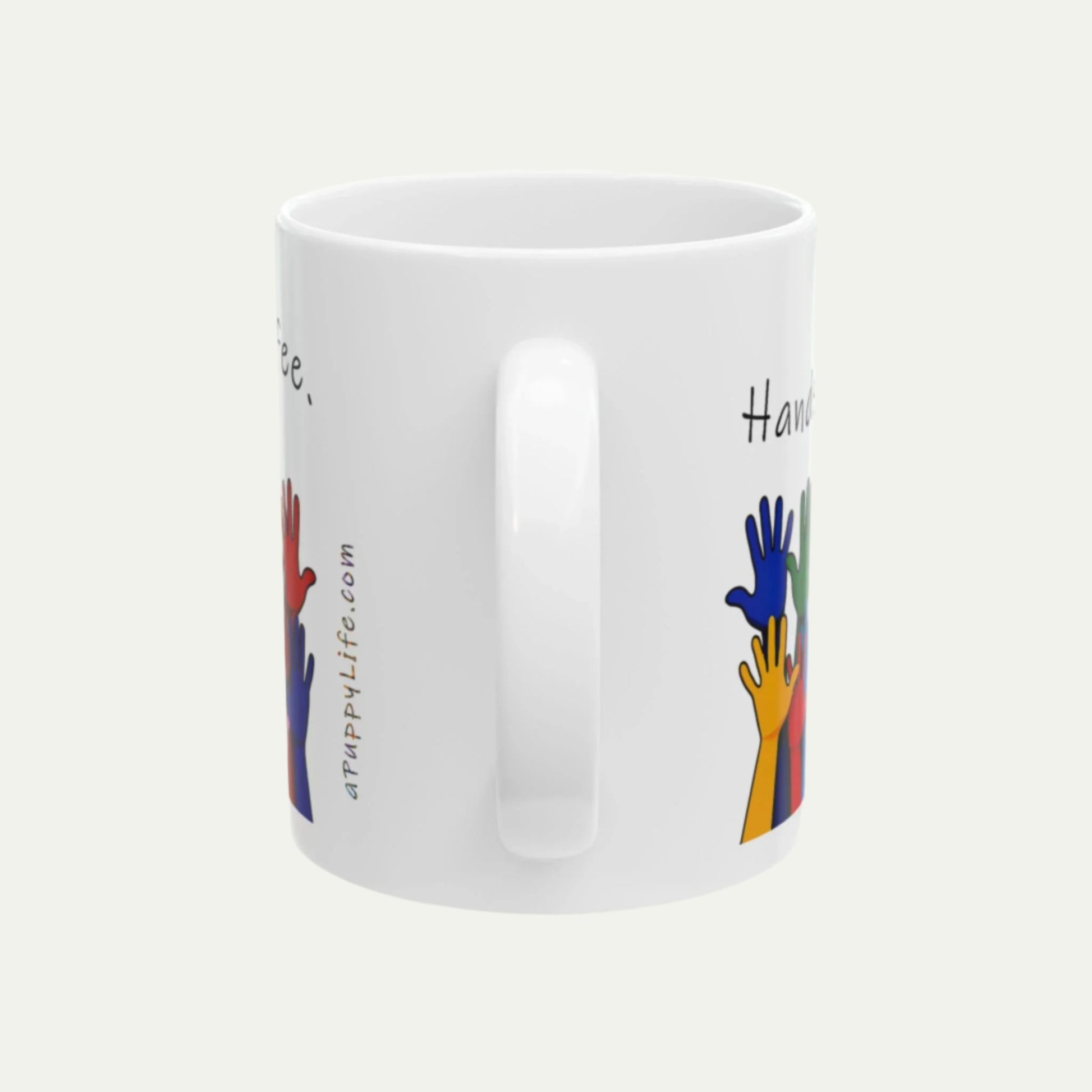 Hands Down the Best Gift for a Teacher, Ceramic Mug with Crayon Colors - handle on towards the front