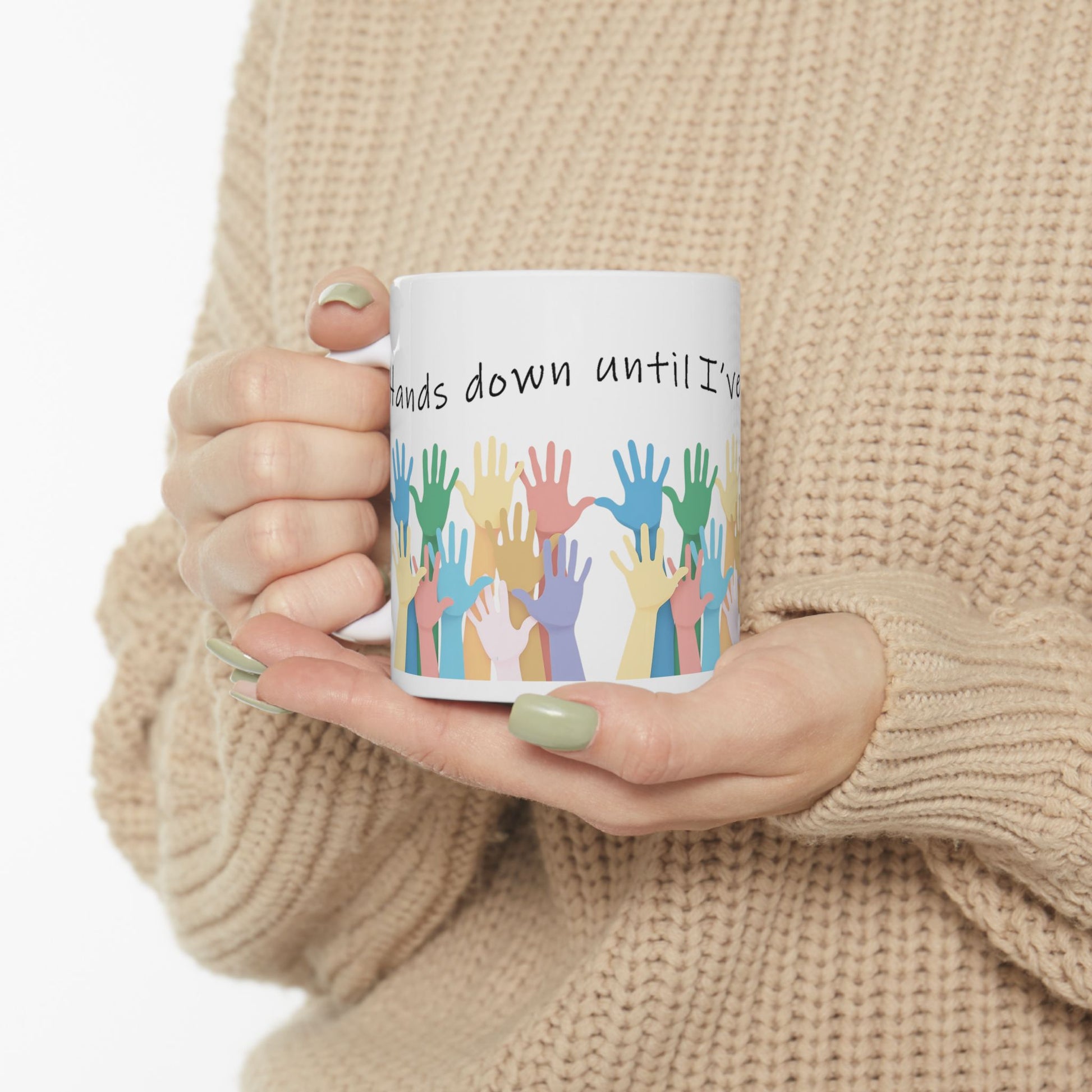 Hands Down the Best Gift for a Teacher, Ceramic Mug with Soft Pastel Colors - handle on the left context