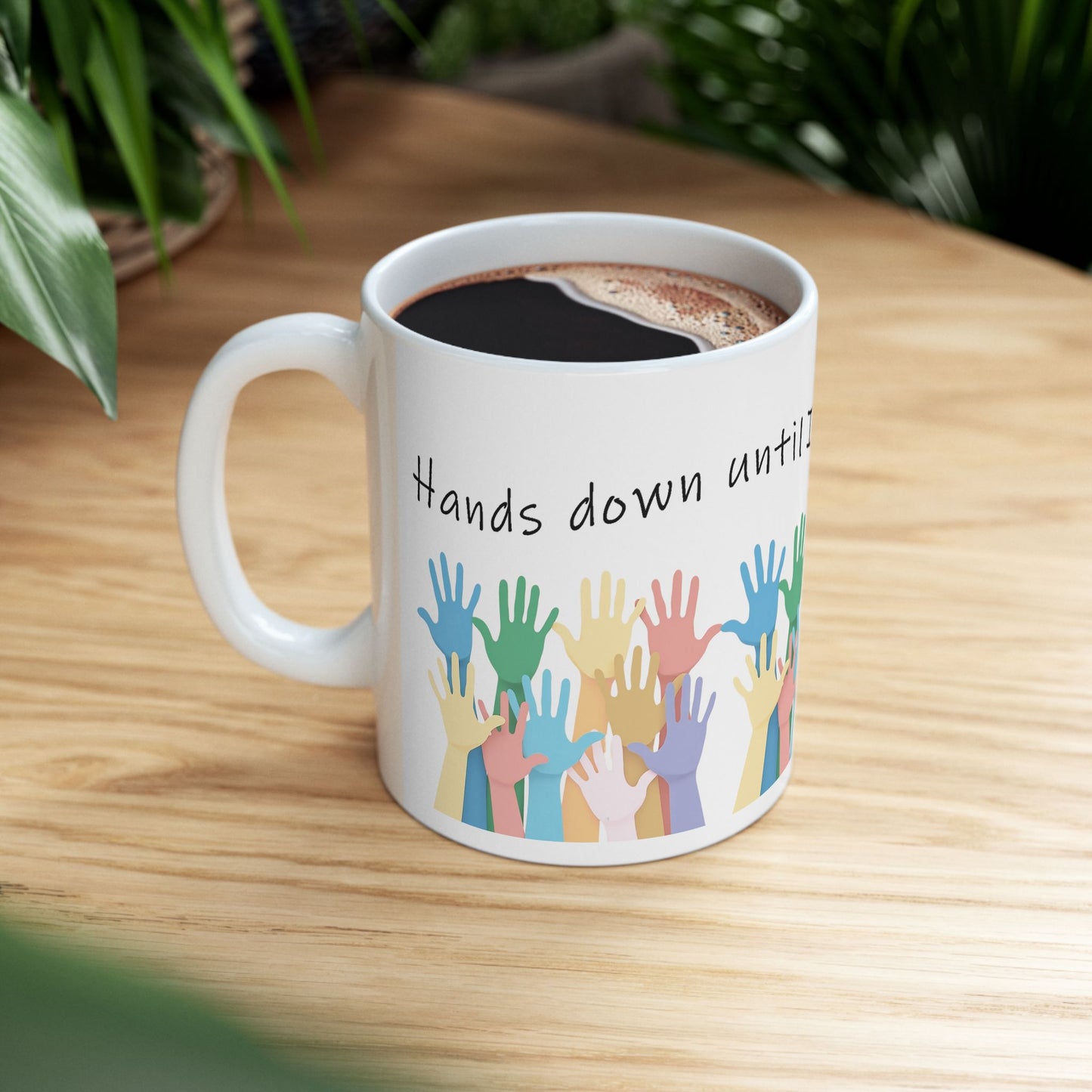 Hands Down the Best Gift for a Teacher, Ceramic Mug with Soft Pastel Colors - handle on the left with coffee