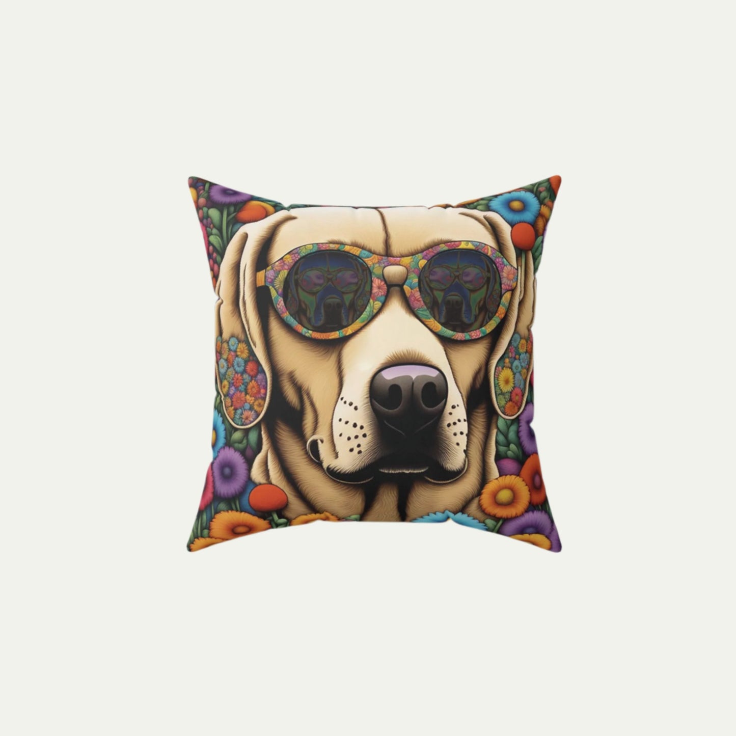 Huggable Yellow Labrador Retriever wearing Glasses, Square Accent Pillow, Beige, 14 inch Front