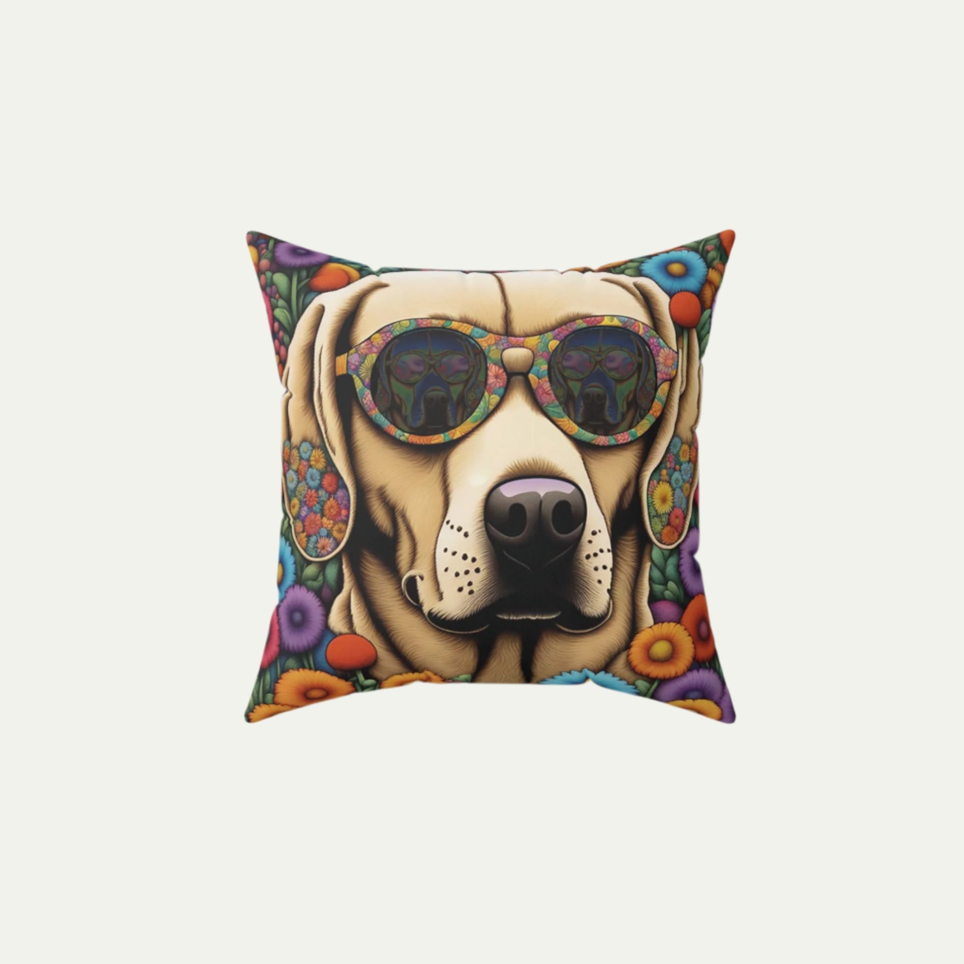 Huggable Yellow Labrador Retriever wearing Glasses, Square Accent Pillow, Beige, 14 inch Front