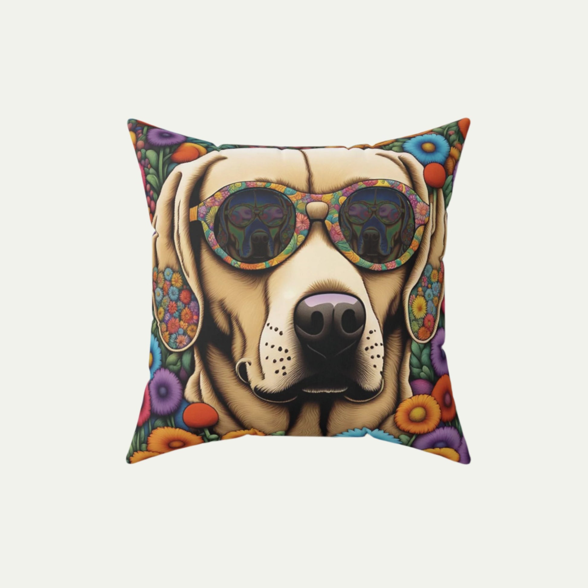 Huggable Yellow Labrador Retriever wearing Glasses, Square Accent Pillow, Beige, 16 inch Front