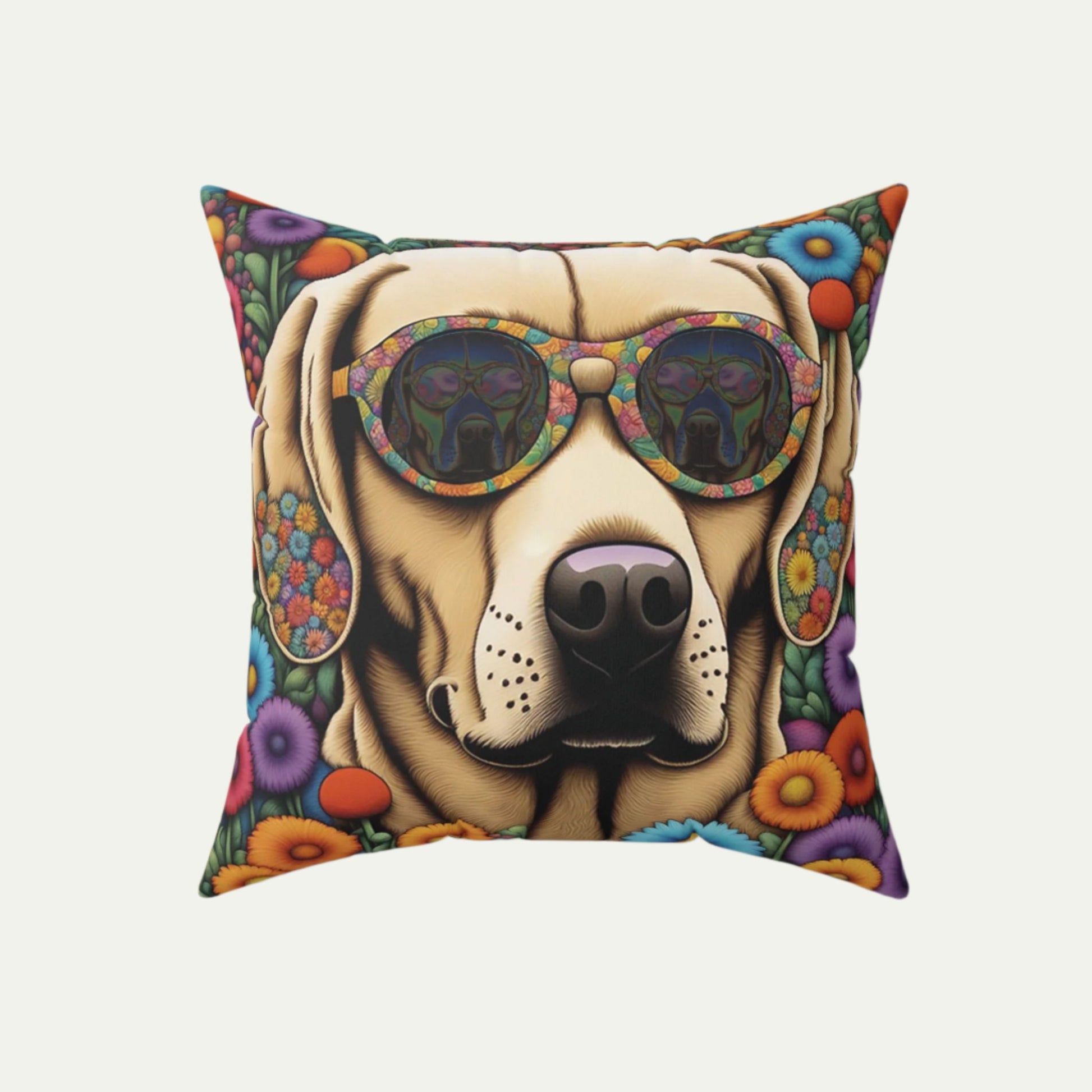 Huggable Yellow Labrador Retriever wearing Glasses, Square Accent Pillow, Beige, 18 inch Front