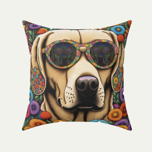 Huggable Yellow Labrador Retriever wearing Glasses, Square Accent Pillow, Beige, 20 inch Front