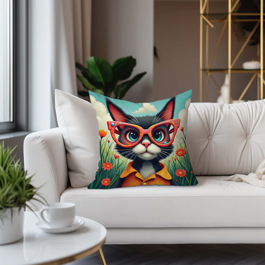 Black Cat Wearing Glases, Square Accent Pillow, Sky Blue