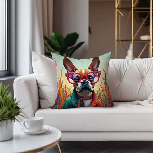 French Bulldog wearing glasses Square Accent Pillow, Outlandish Orange Context