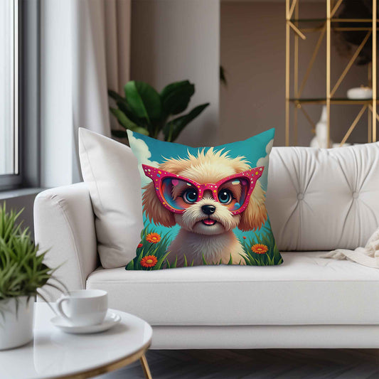 A Shih Tzu Puppy Wearing glasses, Square Accent Pillow, Creamy Coral