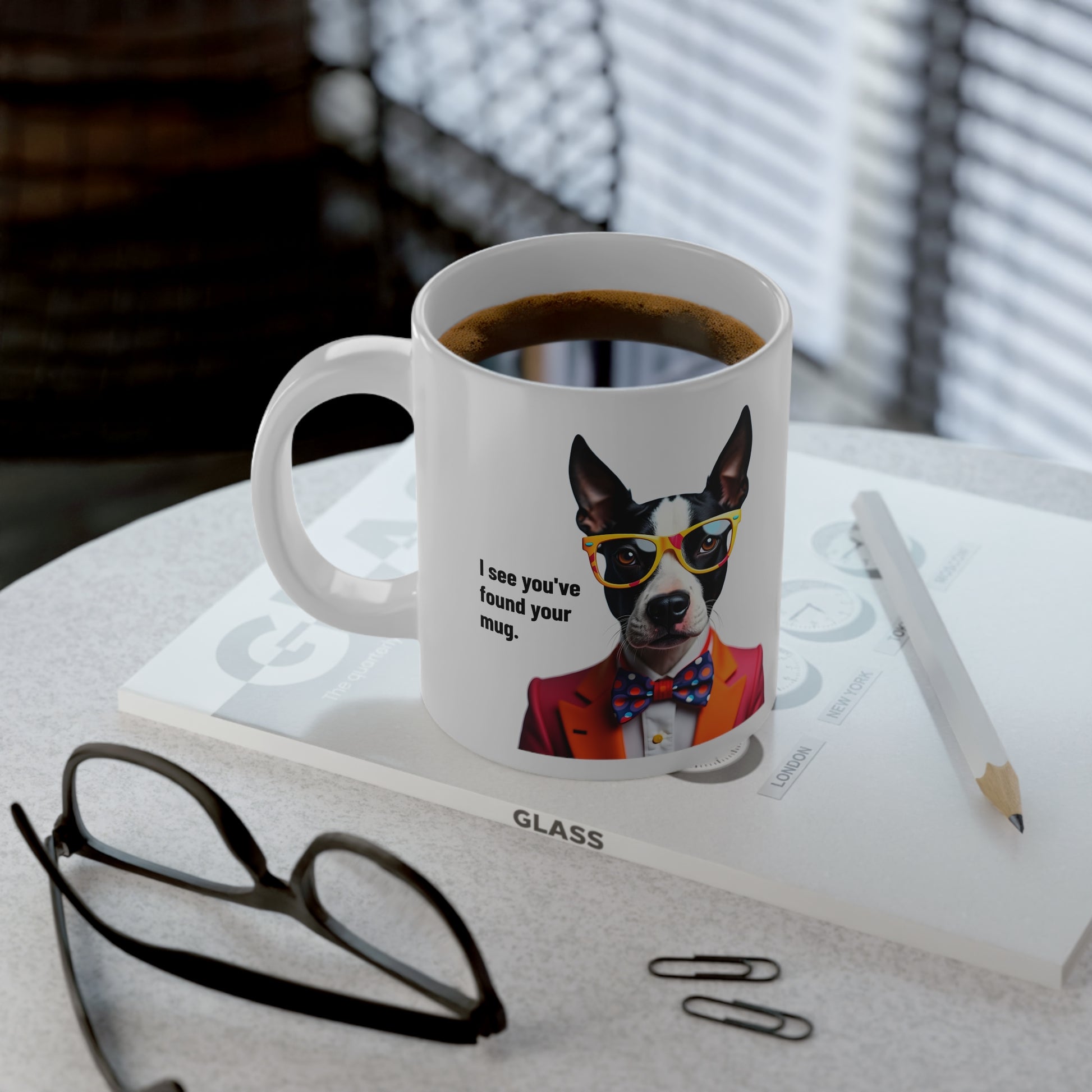 Jumbo, 20oz Funny Mug,  Bull Terrier Dog Wearing Sunglasses context handle to left of viewer