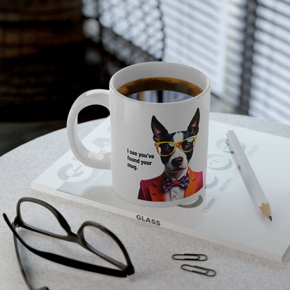 Jumbo, 20oz Funny Mug,  Bull Terrier Dog Wearing Sunglasses context handle to left of viewer