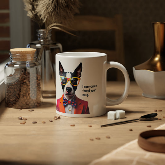 Jumbo, 20oz Funny Mug,  Bull Terrier Dog Wearing Sunglasses context handle to right of viewer