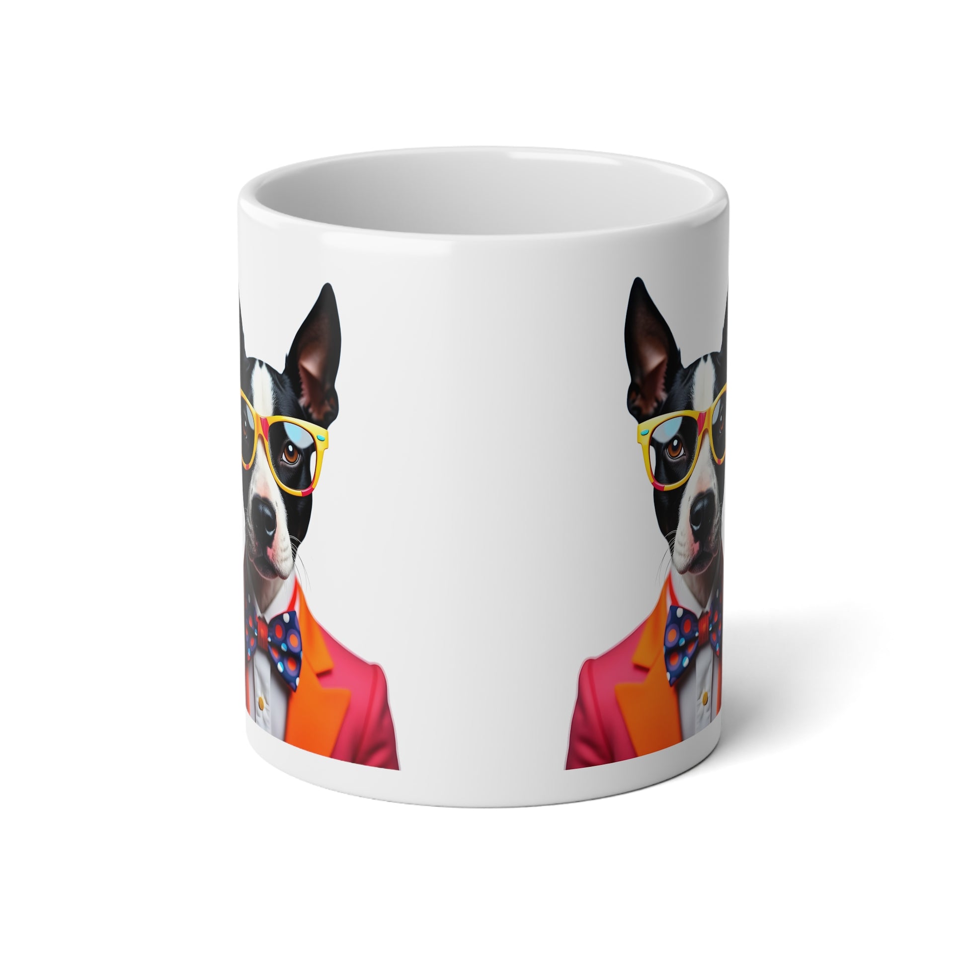 Jumbo, 20oz Funny Mug,  Bull Terrier Dog Wearing Sunglasses handle away from viewer
