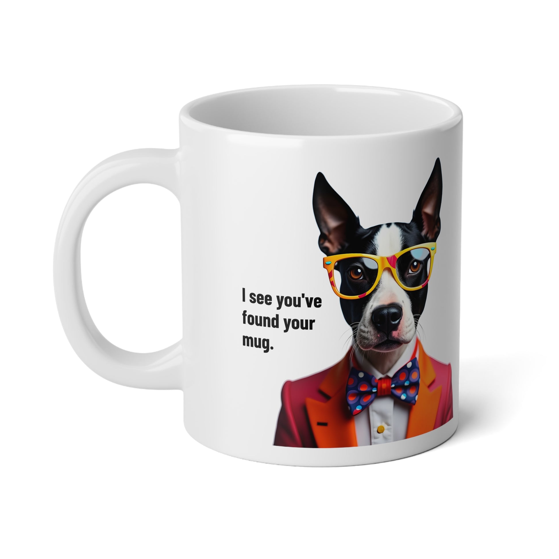 Jumbo, 20oz Funny Mug,  Bull Terrier Dog Wearing Sunglasses handle to left of viewer