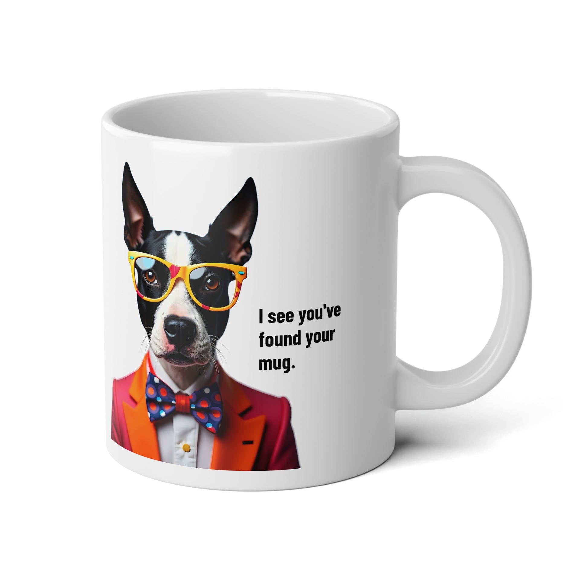 Jumbo, 20oz Funny Mug,  Bull Terrier Dog Wearing Sunglasses handle to right of viewer