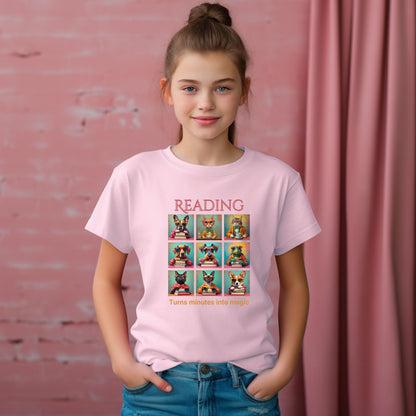 Kids Whimsical Book Quote Reading Aesthetic Graphic  T-shirt - for Young Book Worms context Light Pink