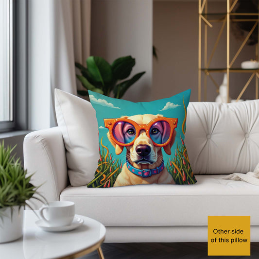 Large accent throw Pillow with a Funny Labrador wearing glasses standing in a fantasy garden on a white couch.