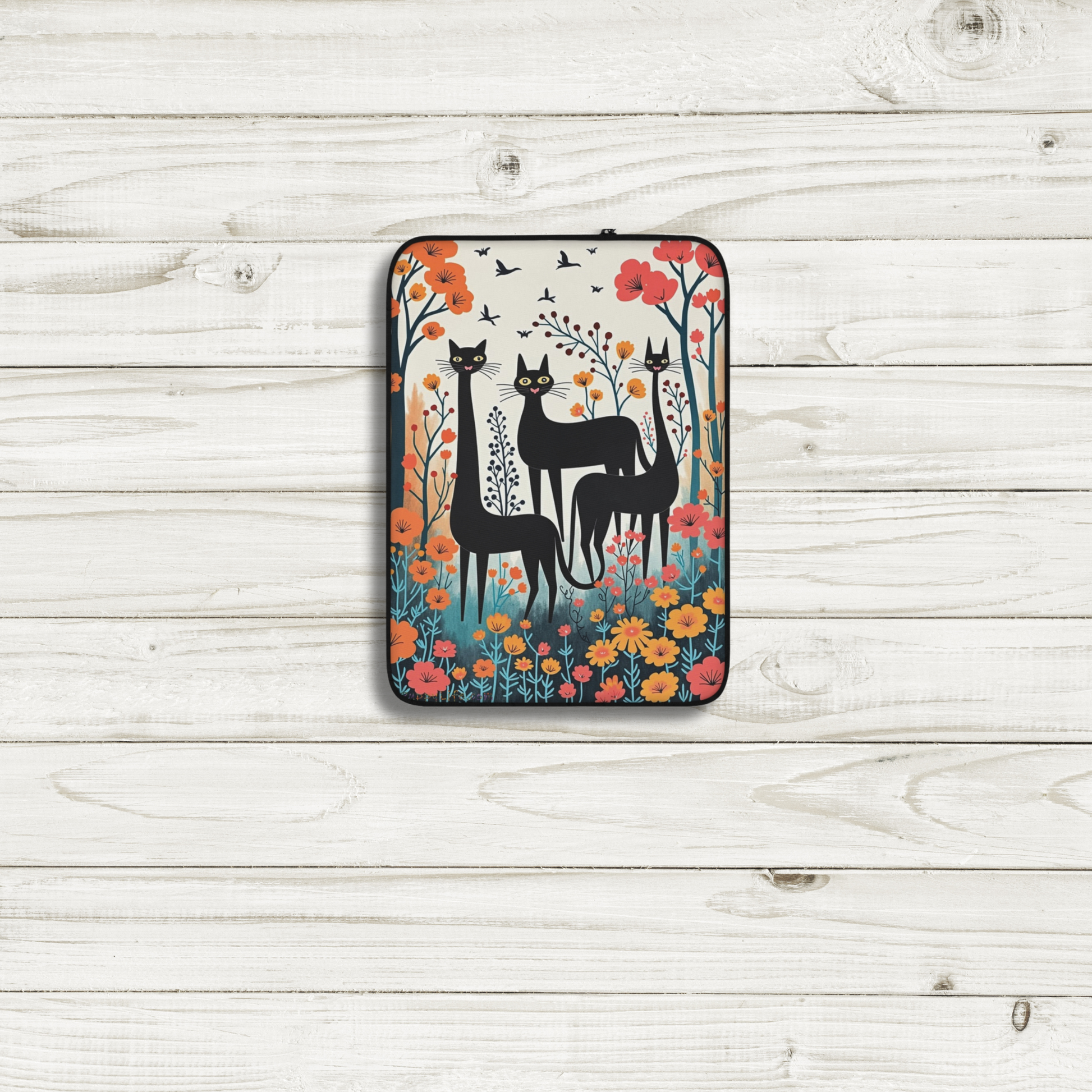 Laptop case with three black cats in spring flowers 12 inch