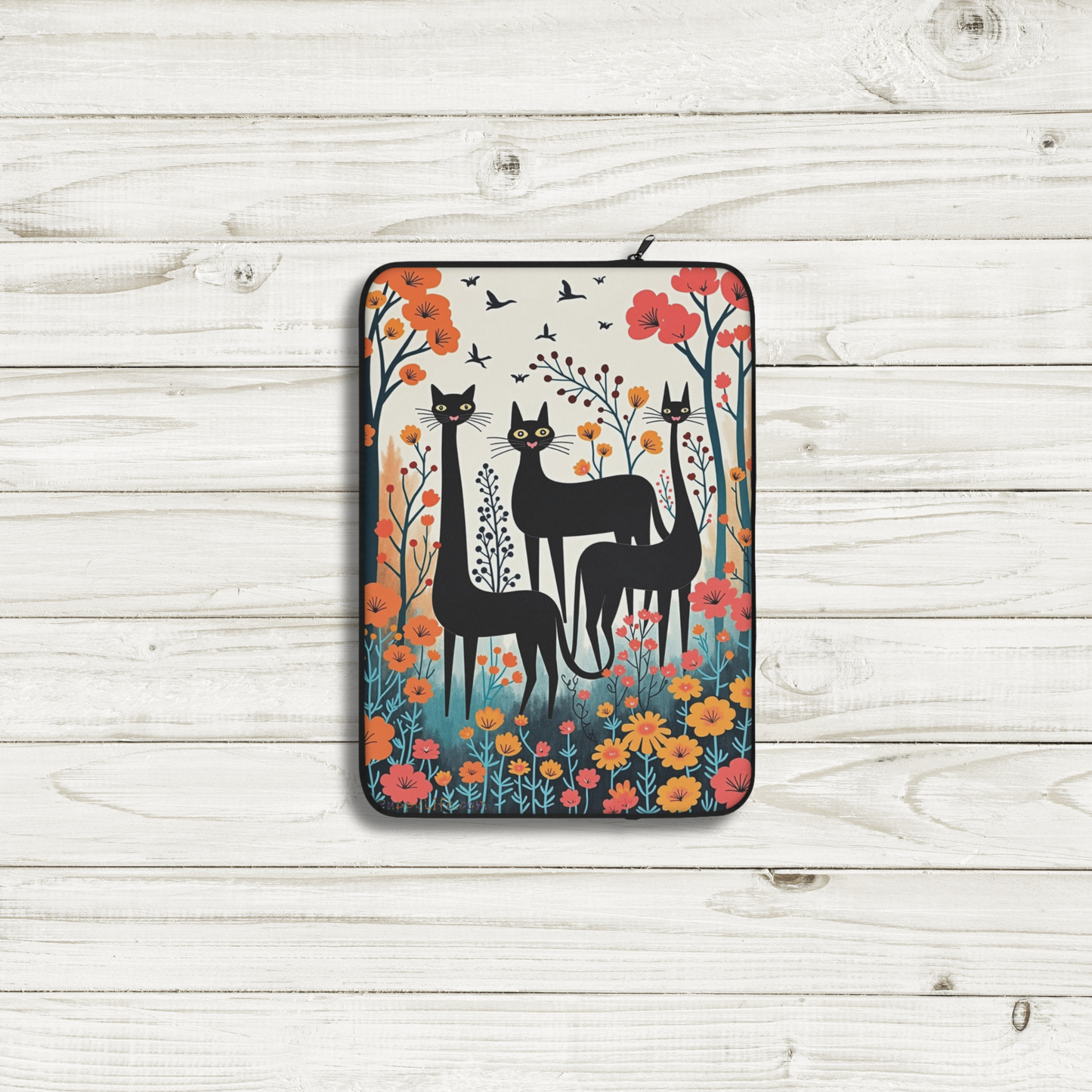 Laptop case with three black cats in spring flowers 13 inch front view
