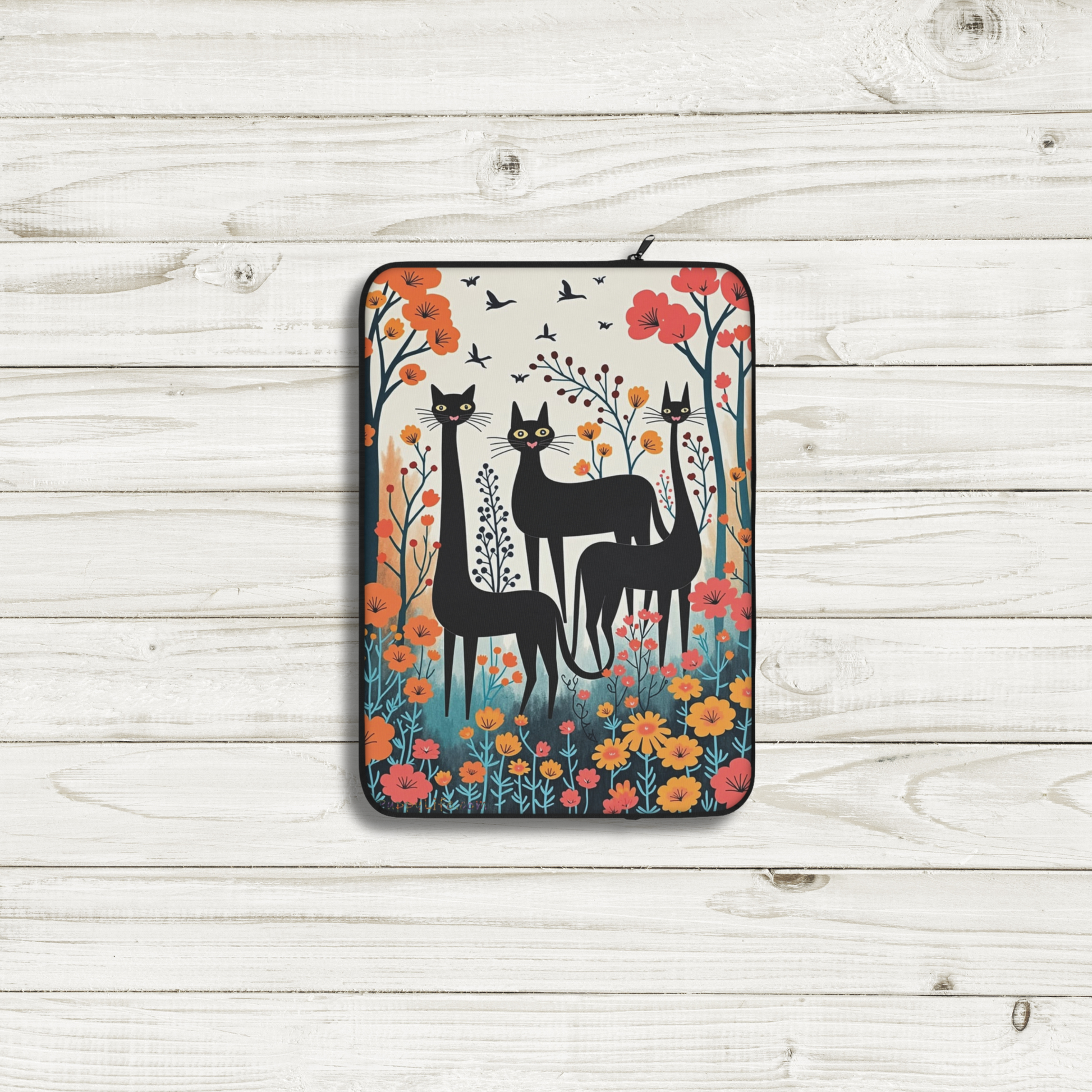 Laptop case with three black cats in spring flowers 13 inch front view