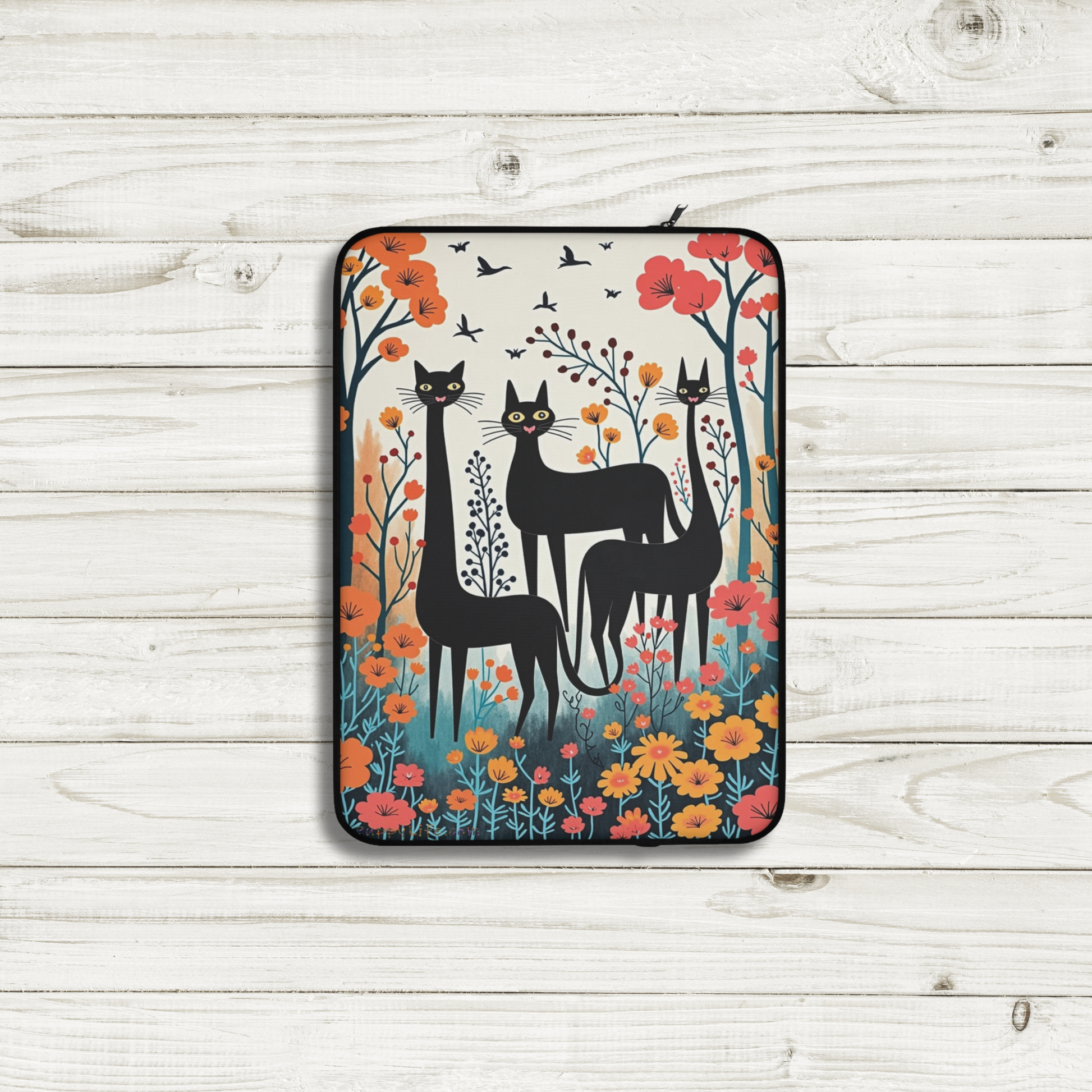 Laptop case with three black cats in spring flowers 15 inch