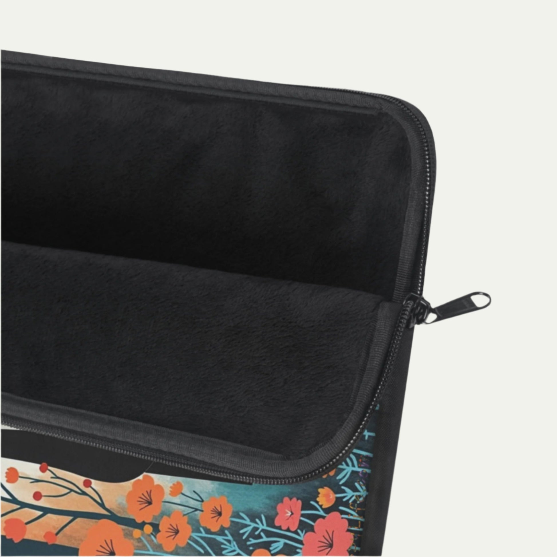 Laptop case with three black cats in spring flowers case open black inside with zipper 