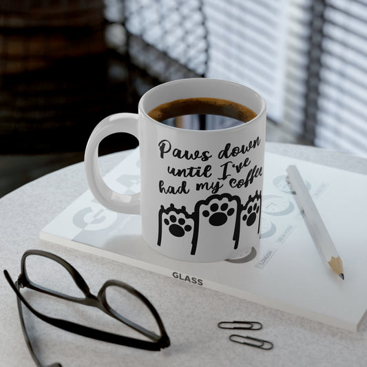 Large, 20oz Black and White Mug | Funny Coffee Mug | Cat & Dog Paws - Paws Down Until I've Had My Coffee - context left