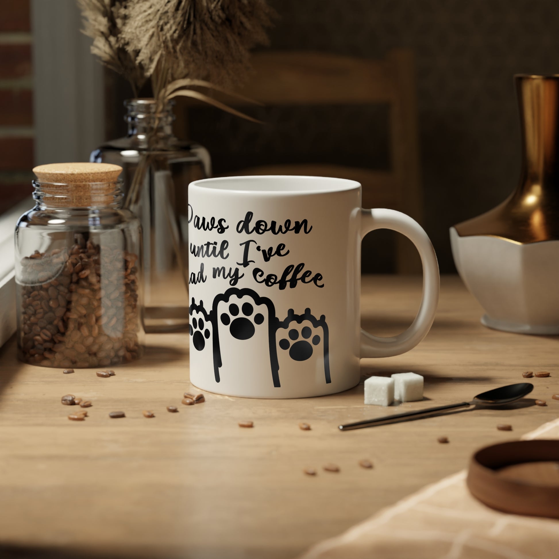 Large, 20oz Black and White Mug | Funny Coffee Mug | Cat & Dog Paws - Paws Down Until I've Had My Coffee - context right