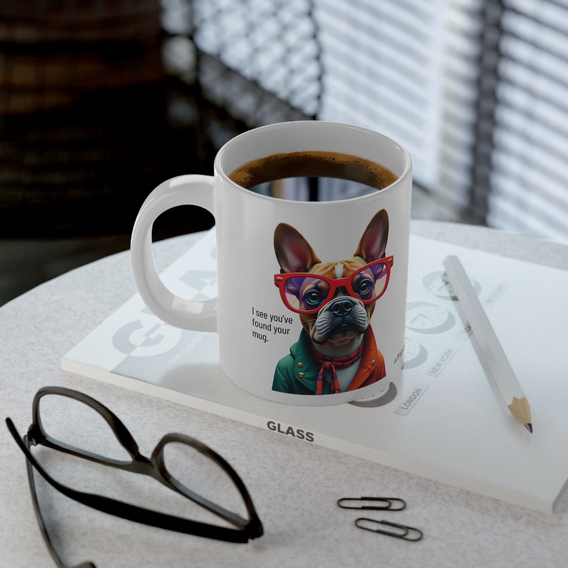 Large, 20oz Funny Mug, French Bull Dog Wearing Sunglasses context left