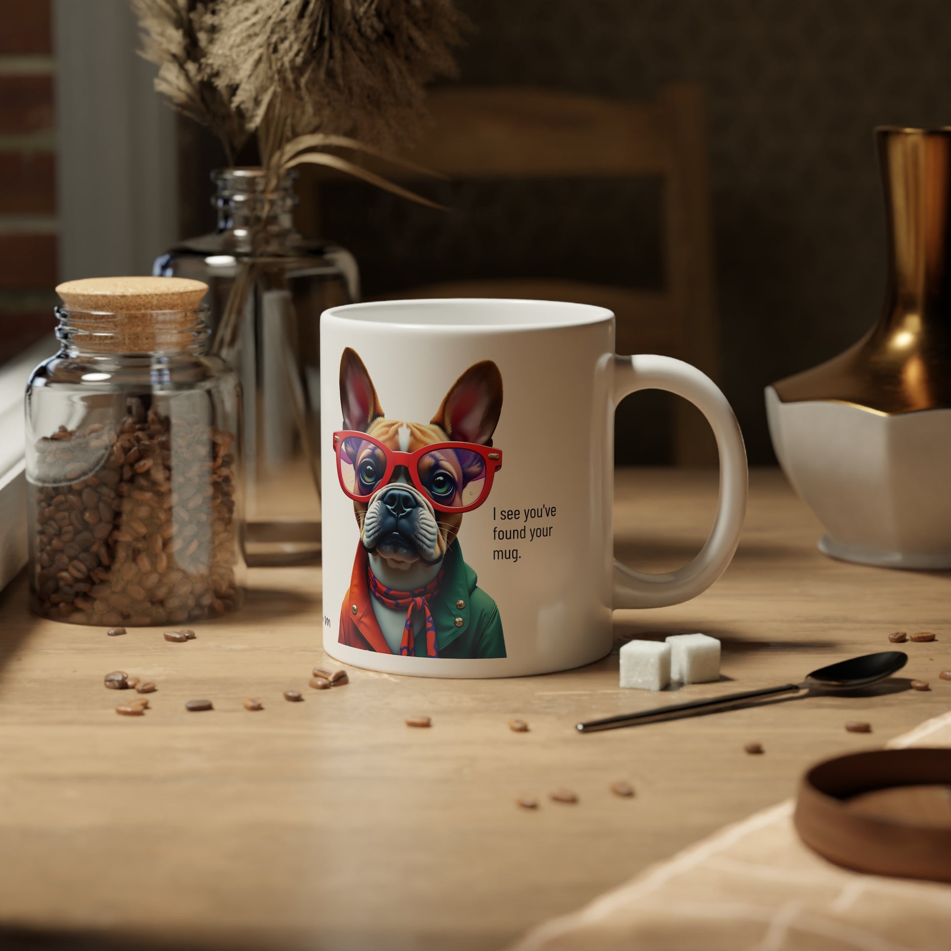 Large, 20oz Funny Mug, French Bull Dog Wearing Sunglasses context right