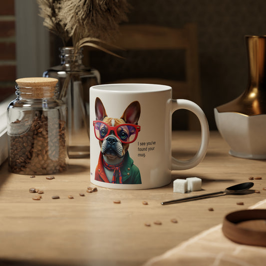 Large, 20oz Funny Mug, French Bull Dog Wearing Sunglasses context right