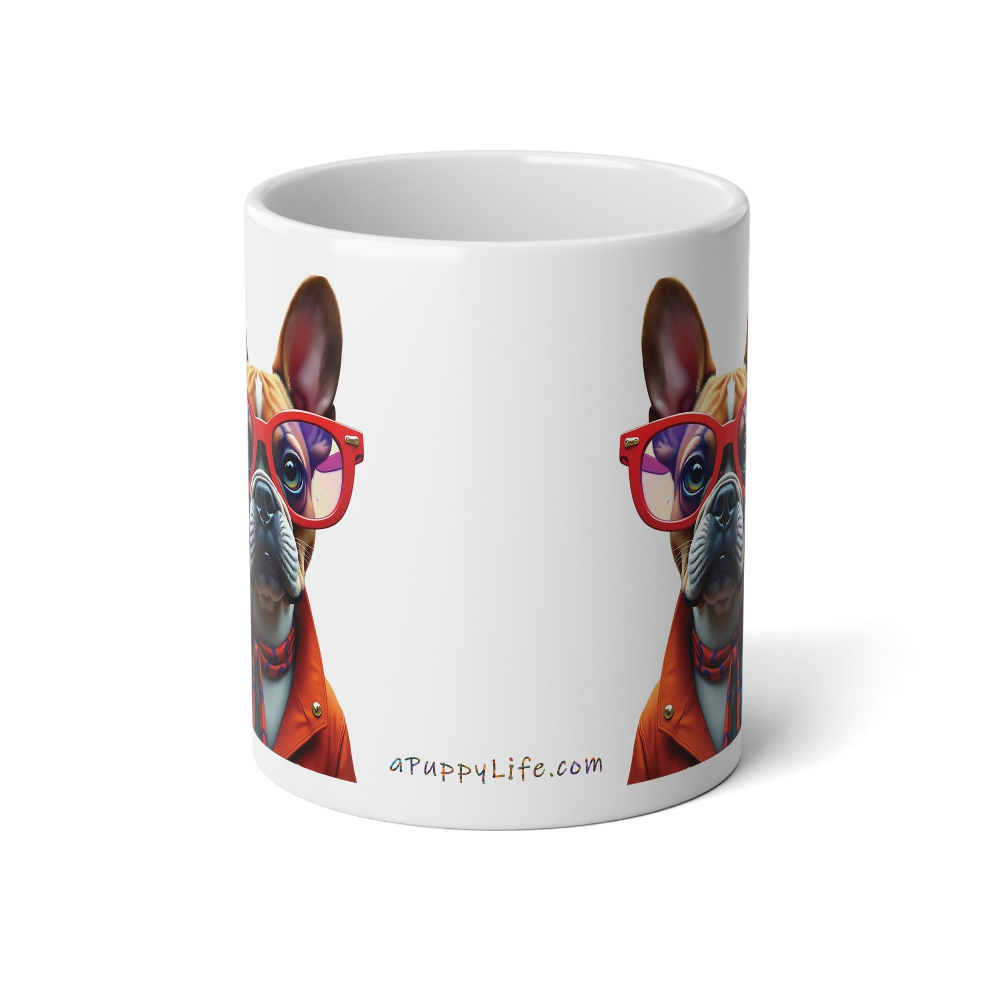 Large, 20oz Funny Mug, French Bull Dog Wearing Sunglasses handle away from viewer