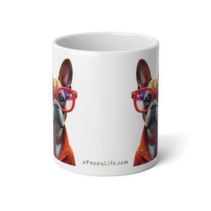 Large, 20oz Funny Mug, French Bull Dog Wearing Sunglasses handle away from viewer