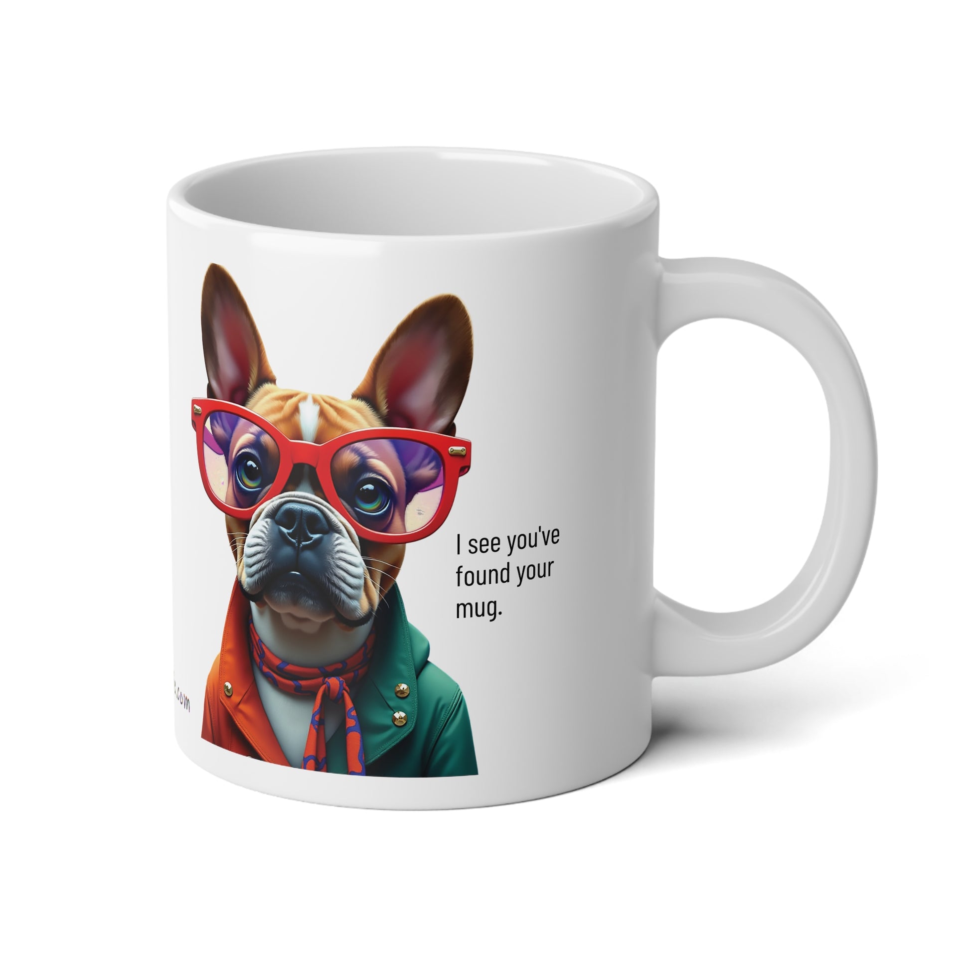 Large, 20oz Funny Mug, French Bull Dog Wearing Sunglasses handle towards the right of screen