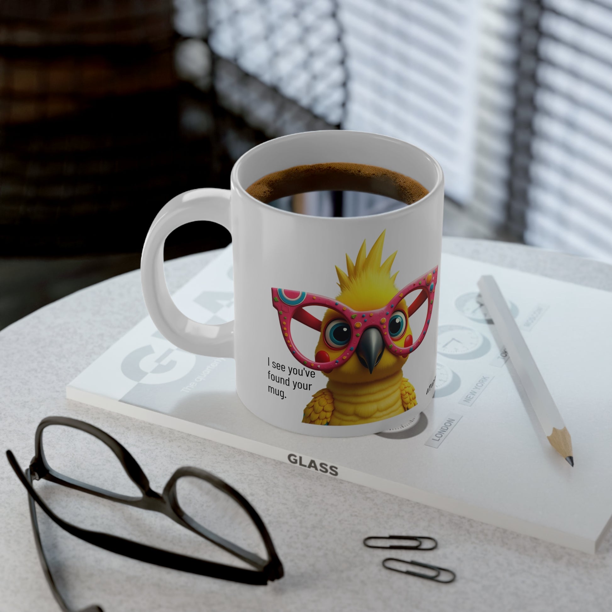 Large, 20oz Funny Mug, Parakeet Wearing Sunglasses - context left