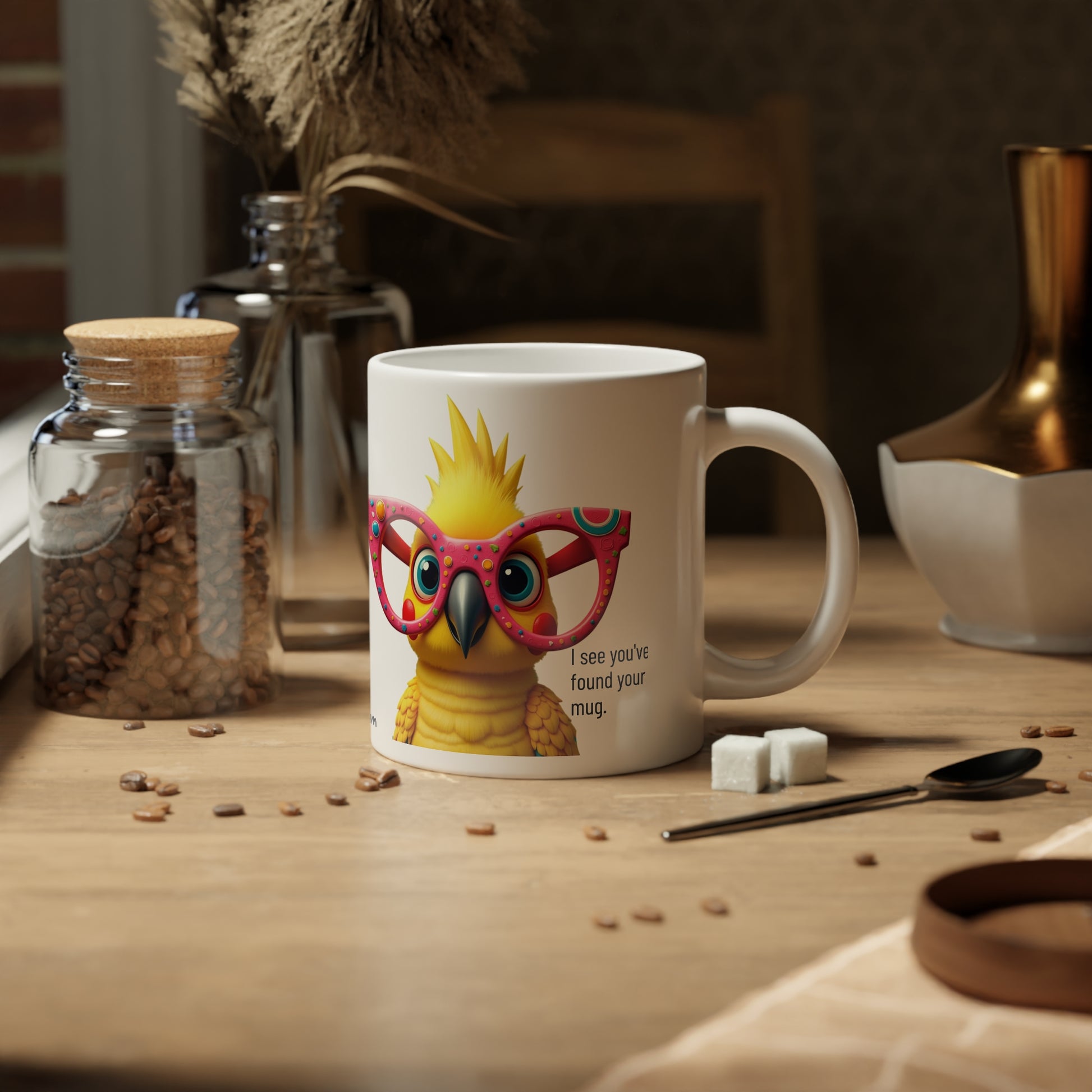 Large, 20oz Funny Mug, Parakeet Wearing Sunglasses - context right